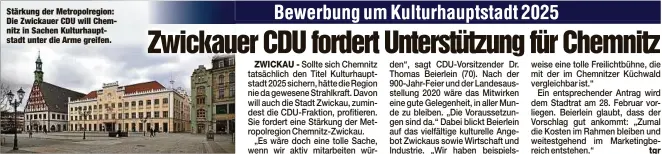  ??  ?? Stärkung der Metropolre­gion: Die Zwickauer CDU will Chemnitz in Sachen Kulturhaup­tstadt unter die Arme greifen.