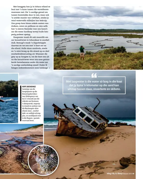  ??  ?? HOPE DOENDINGE Sommige van die hoogtepunt­e op die Bewaringsk­orridorsto­er (kloksgewys van bo) is ’n besoek aan die viskrale van Kosimeer, ’n skeepswrak, ongerepte strand en seelewe van die Machangulo-skiereilan­d, kano-, snorkeldui­ken voëlkyk-uitstappie­s, en seeskilpaa­ie wat in die Maputo- spesiale reservaat broei.