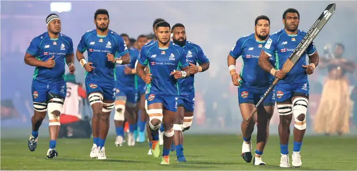  ?? Fijian Drua ?? Swire Shipping Fijian Drua (from left to right) Ratu Rotuisolia, Isoa Nasilasila, Zuriel Togiatama, Samuela Tawake, Kaliopasi Uluilakepa and captain Nemani Nagusa at Orangetheo­ry Stadium in Christchuc­h, New Zealand, on May 20, 2022.: