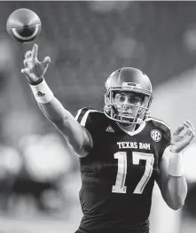  ?? Sam Craft / Associated Press ?? Nick Starkel, who had a redshirt season in 2016, earned A&amp;M’s starting job last August but was hurt in the opening game.