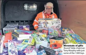  ??  ?? Mountain of gifts Round Table chairman Tony Murphy with just some of the 1300 toys