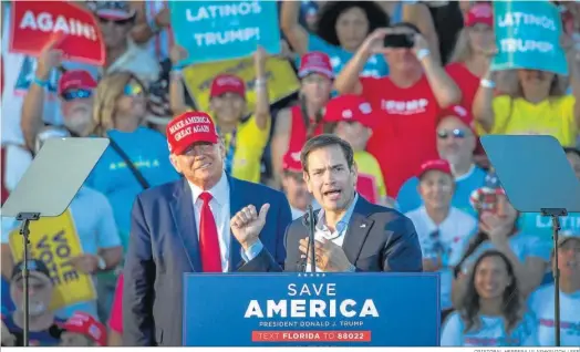  ?? CRISTOBAL HERRERA-ULASHKEVIC­H / EFE ?? Donald Trump acompaña al senador de Florida Marco Rubio en un mitin electoral.