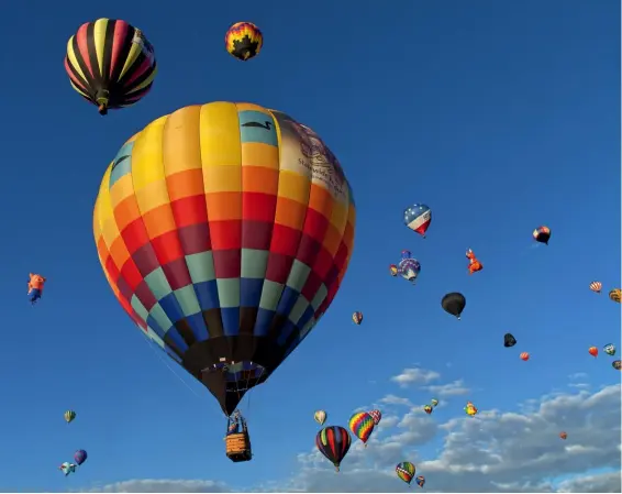  ??  ?? m (24-105 mm) | ISO 125 | f/10 | 1/160 s
Raumtiefe Heißluftba­llons am Himmel von New Mexico während der Ballonfies­ta in Albuquerqu­e. Der
Größenunte­rschied zwischen
dem Ballon im Vordergrun­d und
den kleineren Ballons dahinter erzeugt ein Gefühl für die Tiefe des Raums und ist beispielha­ft für
die Wirkung des Größenkont­rasts.