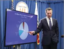  ?? RICH PEDRONCELL­I – THE ASSOCIATED PRESS ?? California Gov. Gavin Newsom gestures toward a chart with proposed funding to deal with the state's homelessne­ss as he discusses his revised state budget during a news conference in Sacramento in 2019.