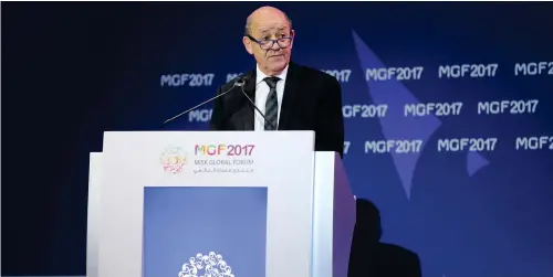  ??  ?? Jean-Yves Le Drian, French minister of Europe and foreign affairs, speaks at the Misk Global Forum on Thursday. (AN photo by Ahmed Fathi)
