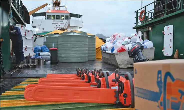  ?? MV Vunilagi Photo: Fiji National Disaster Management Office ?? The Fiji National Disaster Management Office had sent an advance team with supplies for the week-long tour onboard the