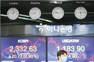  ??  ?? A currency trader wearing a face mask talks near the screens showing the Korea Composite Stock Price Index (KOSPI), (left), and the foreign exchange rate between US dollar and South Korean won at the foreign exchange dealing room in Seoul, South Korea on Aug 6. Stocks were mixed in Asia on Thursday despite strong gains overnight on Wall Street, where the rally just kept on rolling. (AP)