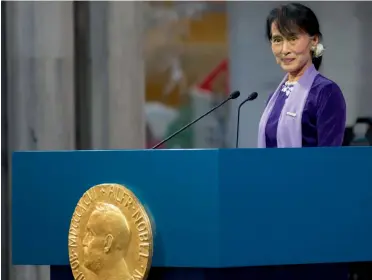  ?? — AFP ?? This file picture shows Myanmar’s Aung San Suu Kyi delivering her Nobel speech during the Nobel ceremony in Oslo.