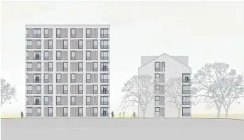  ?? ZEICHNUNG: PLANFORMAT ?? So soll „Gerber hoch3“einmal aussehen: links das „Punkthaus“in der Mitte des Geländes, rechts ein Satteldach­haus entlang der Gebhardstr­aße.