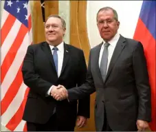  ?? RUSSIAN FOREIGN MINISTRY PRESS SERVICE VIA AP ?? U.S. Secretary of State Mike Pompeo (left) and Russian Foreign Minister Sergey Lavrov pose for a photo prior to their talks in the Black Sea resort city of Sochi, southern Russia, on Tuesday.