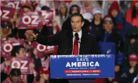  ?? Photograph: Anadolu Agency/Getty Images ?? Dr Mehmet Oz speaks at 'Save America' rally as he endorsed by Donald Trump for Senate, in Greensburg of Pennsylvan­ia, on 6 May.