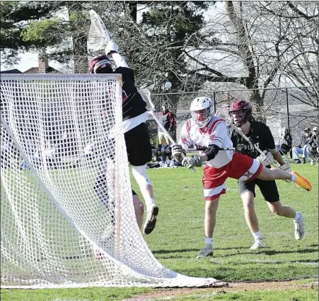  ?? Photos by Ernest A. Brown ?? Pat Murphy, above, Aidan Darlington, right, and the Mount St. Charles lacrosse team defeated Prout/EWG, 12-7, in a Division II contest Friday afternoon. Just down the Blackstone River, Brock Meomartino, bottom left, scored five goals in his team’s 14-7 victory over Chariho to improve to 2-0.