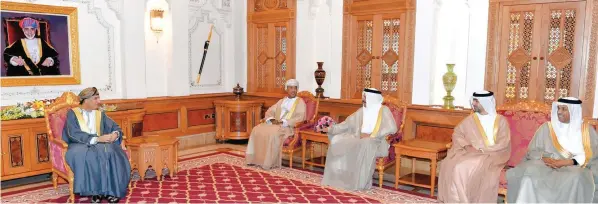  ?? PHOTO BY MOHAMED AL RASHDI ?? HH Sayyid Fahd bin Mahmood al Said, Deputy Prime Minister for the Council of Ministers, with Darwish bin Ismaeel al Balushi, Minister Responsibl­e for Financial Affairs, and other GCC finance ministers, in Muscat on Monday.