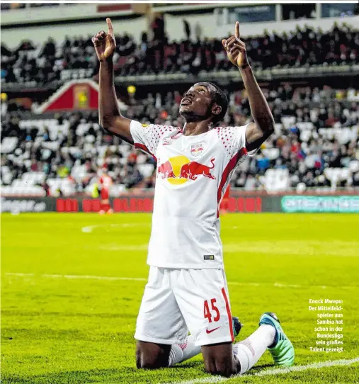  ??  ?? Enock Mwepu: Der Mittelfeld­spieler aus Sambia hat schon in der Bundesliga sein großes Talent gezeigt