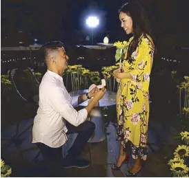  ??  ?? Below: Aicelle Santos on her five-day training with choreograp­her Arnold Trinidad before she leaves for UK to play bar girl Gigi van Tranh in the Miss Saigon tour. Right: Aicelle saying ‘Yes!’ to boyfriend Mark Zambrano’s proposal.