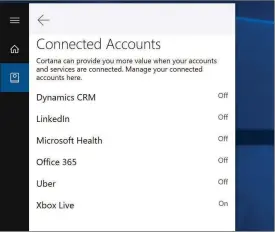  ??  ?? Cortana does ask for informatio­n from a variety of connected accounts, though they’re off by default. In part, that’s to help you plan out getting to and from meetings, say, via Uber