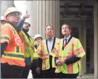  ?? Tyler Sizemore / Hearst Connecticu­t Media ?? U.S. Sen. Richard Blumenthal, D-Conn., far right, and Gov. Ned Lamont, second from right, meet with crews to survey damage to an Interstate 95 overpass and speak about infrastruc­ture in Stamford on Monday.