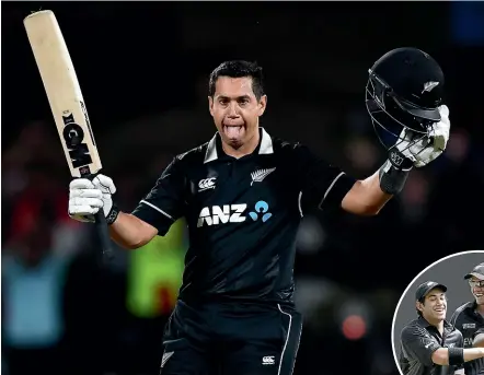  ?? PHOTOSPORT/NZPA ?? Ross Taylor celebrates his matchwinni­ng century against India on Wednesday night. Inset, Taylor and current Black Caps batting coach Peter Fulton congratula­te James Franklin during a one-day match against Australia in 2007.