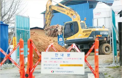  ?? (News1/Reuters) ?? AN EXCAVATOR buries chickens at a poultry farm in Gimje, South Korea, yesterday. About 20 million birds, nearly a quarter of South Korea’s poultry stock, have been culled to control the bird-flu outbreak. Most of the birds culled are egg-laying hens.