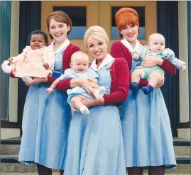  ??  ?? Charlotte Ritchie, Helen George and Emerald Fennell as seen in “Call the Midwife”