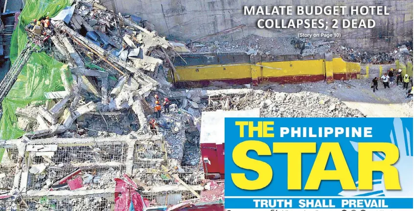  ?? EDD GUMBAN ?? Rescue teams retrieve the bodies of constructi­on workers from the rubble of a Sogo budget hotel which collapsed during demolition work in Malate, Manila yesterday.