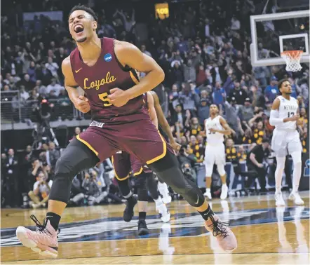  ?? JOHN AMIS/THE ASSOCIATED PRESS ?? Loyola-Chicago guard Marques Townes celebrates his three-point shot late in the game against Nevada during the second half of a regional semifinal NCAA Tournament game Thursday in Atlanta. Loyola-Chicago won 69-68.