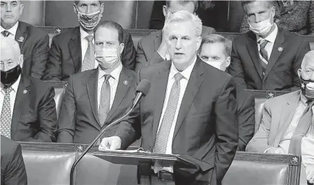  ?? HOUSE TELEVISION ?? Minority Leader Kevin McCarthy, R-Calif., speaks on the House floor on Thursday in Washington.