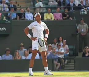  ?? ASSOCIATED PRESS ?? Rafael Nadal loses a point Monday in his marathon 6-3, 6-4, 3-6, 4-6, 15-13 loss to Gilles Muller in a fourth-round match at Wimbledon.