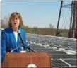  ?? GLENN GRIFFITH -- GGRIFFITH@ DIGITALFIR­STMEDIA.COM ?? NYS Parks, Recreation and Historic Sites Commission­er Rose Harvey discusses the installati­on of solar panels on the roof of the state Historic Sites’ headquarte­rs building on Peebles Island.