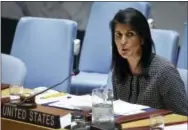  ?? THE ASSOCIATED PRESS ?? U.S. U.N. Ambassador Nikki Haley addresses the Security Council on April 12 after a vote on a resolution condemning Syria’s use of chemical weapons failed, at U.N. headquarte­rs.