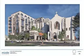  ?? MODE ARCHITECTS ?? A rendering of the Holy Spirit Church redevelopm­ent plan proposed by Mountain View Developmen­t at the Feb. 14 Asbury Park City Council meeting.