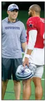  ?? (AP/Brandon Wade) ?? Dallas Cowboys offensive coordinato­r Kellen Moore ( left), a former quarterbac­k at Boise State, has expressed interest in filling the Broncos’ vacant head coaching position.