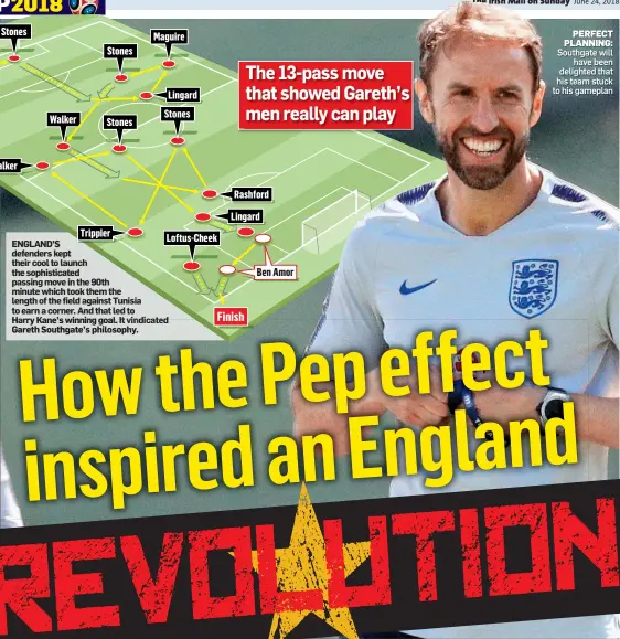  ??  ?? ENGLAND’S defenders kept their cool to launch the sophistica­ted passing move in the 90th minute which took them the length of the field against Tunisia to earn a corner. And that led to Harry Kane’s winning goal. It vindicated Gareth Southgate’s...