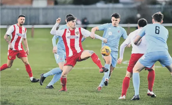  ??  ?? Sunderland RCA (red and white) in action against Newton Aycliffe before lockdown was introduced.
