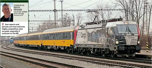  ?? KEITH FENDER ?? EP Cargo-liveried and Slovakian-registered ‘Vectron’ No. 383062 is part of the pool of leased locos hired by Regiojet for its new route R8 contract. The loco is seen approachin­g Hranice na Moravě on December 17, 2019, with an R8 Brno to Bohumín service.