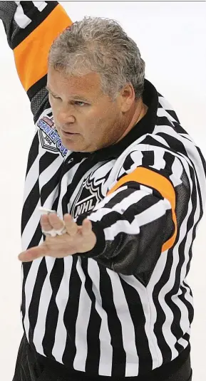  ?? BRUCE BENNETT/GETTY IMAGES. ?? Mick Mcgeough is shown refereeing Game 3 of the 2006 Stanley Cup final. The Regina native died of a stroke last month at 62.