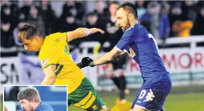  ??  ?? ● Main: Robbie Parry, right, in action earlier this season, was on the mark from the spot for Bangor City. Left, Mel McGuiness was on the scoresheet in Holyhead’s comeback win over Ruthin