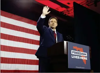  ?? LUIS SANTANA — TAMPA BAY TIMES/ TNS ?? Florida Gov. Ron Desantis speaks to a crowd of supporters during his election night party at the Tampa Convention Center on Tuesday, Nov. 8, 2022, in Tampa, Florida.