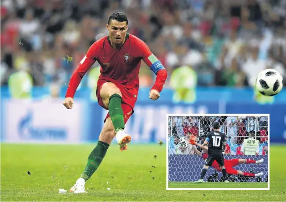  ?? PHOTO: REUTERS ?? Contrastin­g fortunes . . . Cristiano Ronaldo, of Portugal, scores his team’s third, matchtying goal from a free kick during a World Cup group B match against Spain at Fisht Stadium in Sochi on Saturday, while (inset) Iceland’s Hannes Por Halldorsso­n...