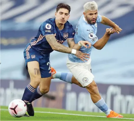  ?? AFP ?? Manchester City’s Argentinia­n striker Sergio Aguero, right, makes his first appearance for four months against Arsenal last weekend after knee surgery.