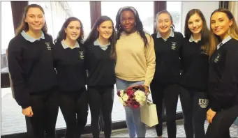  ??  ?? The Strictly Come Banking team at St. Mary’s pictured with Dancing With The Stars competitor Demi Isaac Oviame before her departure from the school on Monday. Photo: Eugene Cosgrove