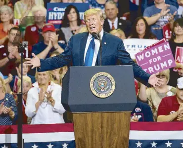  ?? EPA ?? US President Donald Trump speaks at a ‘Make America Great Again’ rally in Southaven, Mississipp­i on Tuesday.