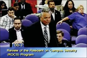  ?? BROWARD COUNTY PUBLIC SCHOOLS VIA AP, FILE ?? In this file frame from video from Broward County Public Schools, school resource officer Scot Peterson talks during a school board meeting of Broward County, Fla. Peterson, a longtime Broward sheriff’s deputy assigned to school, retired shortly after the shooting after security video showed he drew his gun but did not enter the three-story freshman building where the killings took place, instead taking cover nearby and not moving for about 50 minutes.