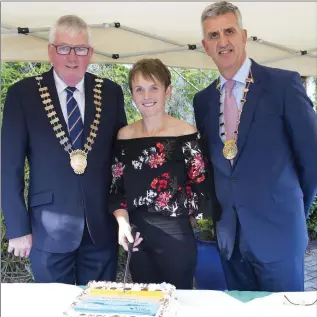  ??  ?? 2016 overall winner Ann O’Conner from Secret Valley Park cutting the launch cake with New Ross Municipal District cathaoirle­ach Willie Fitzharris and Chamber president John McSweeney.