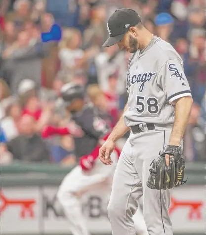  ?? | AP ?? Sox starting pitcher Miguel Gonzalez tries to regroup after giving up a two- run homer to Edwin Encarnacio­n in the fifth inning.