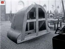  ??  ?? 1 Crewe Works’ wooden former for Coronation’s ‘nose’ is blanketed by steel sheet before being fitted to the new locomotive in 1937. 1