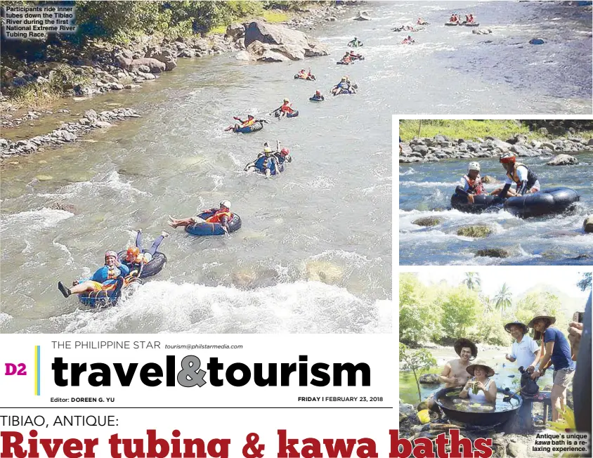  ??  ?? Participan­ts ride inner tubes down the Tibiao River during the first National Extreme River Tubing Race. Antique’s unique kawa bath is a relaxing experience.