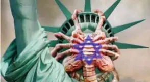  ??  ?? Slur: Alien with Star of David chokes the Statue of Liberty