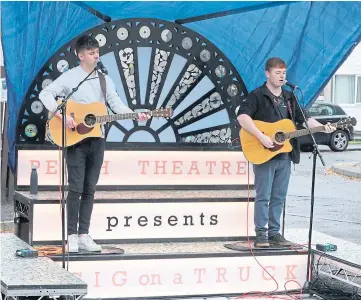  ??  ?? LIVE ENTERTAINM­ENT: Callum Campbell and Malcolm Swan of the band Long Stay performing for Balhousie North Inch Care Home. Picture by Gareth Jennings.