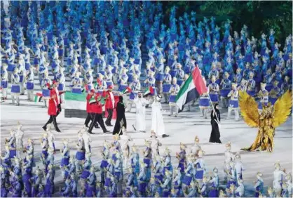  ?? Agence France-presse ?? UAE’S delegation parades during the opening ceremony of the 2018 Asian Games at the Gelora Bung Karno Main Stadium in Jakarta on Saturday.